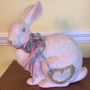 Handmade Pink Crackled  Glaze Bunny Rabbit Figurine with Heart and Ribbons